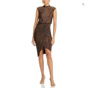 Liv Foster gold ruched cocktail party dress